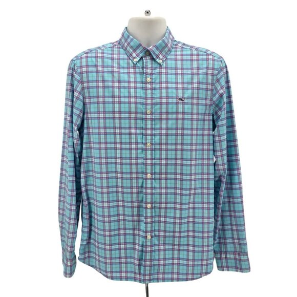 Vineyard Vines Mens Medium Shirt Performance Classic Fit Whale Plaid Blue Logo - Picture 1 of 6